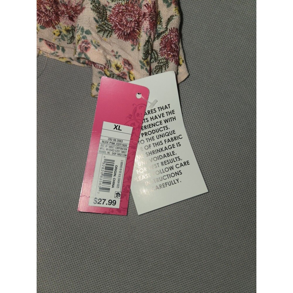 Xhilaration Womens XL Dress Floral NWT Smocked Bell Sleeve Nude Pink Mini Short - Picture 9 of 10